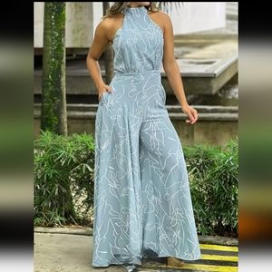 New Elegant Light Blue High Waisted Halter Jumpsuit